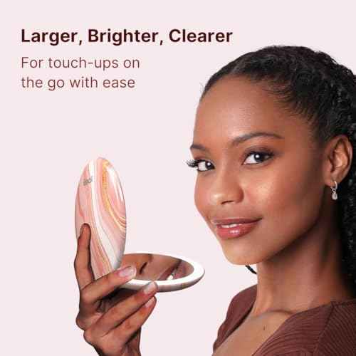 Fancii Taylor LED Lighted Travel Makeup Mirror, Rechargeable, 10x /1x Magnifying, Tru-Glow Lighting System, XL Large 5¡± Wide | Compact Mirror for Purses (Marble Rose)