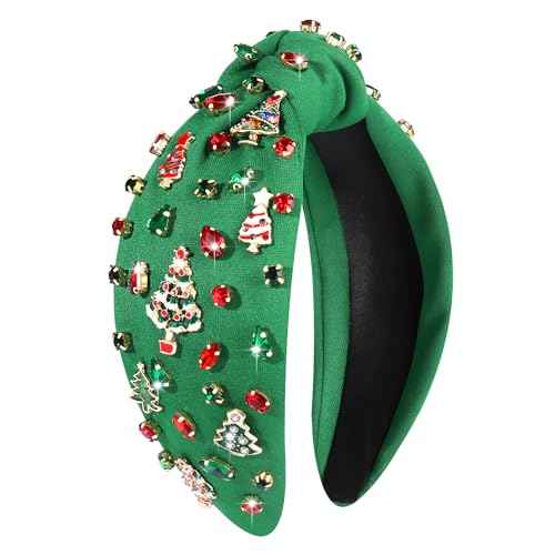 Christmas Headbands for Women Christmas Tree Headband Jeweled Crystal Embellished Knotted Headband Winter Holiday Hair Accessories Gifts