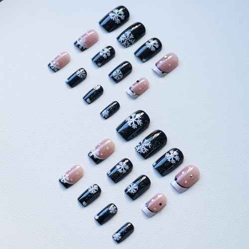 Snowflake Press On Nails: Short Square Christmas Fake Nails with Designs, Black Glitter & White French Tips, 24pcs