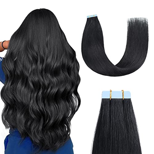 Sunya Tape in Hair Extensions Human Hair Jet Black 22 inch Straight Seamless Skin Weft Tape in Hair Extensions #1 Color 50g/20Pcs