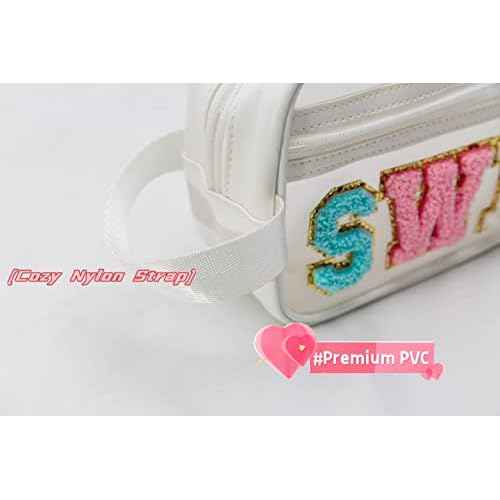 COSHAYSOO Clear MISC Makeup Bag Miscellaneous Stuff Organizer, Small Preppy Chenille Letter Patch Cosmetic Zipper Pouch, Toiletry Make Up Travel Purse Gifts for Teen Girls Women Daughter Sister