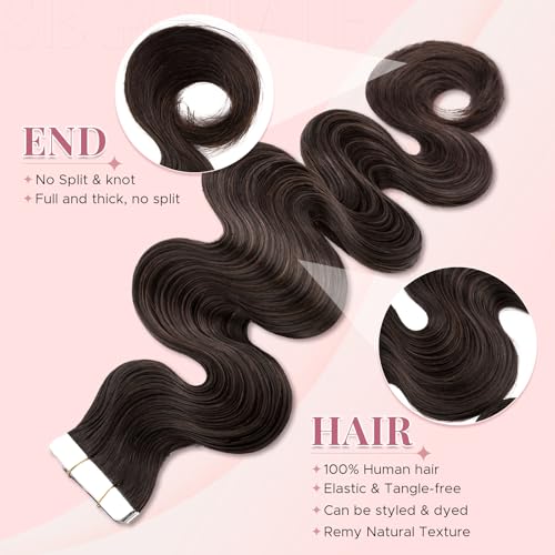 Wavy Tape In Hair Extensions Real Human Hair with Double-Sided Adhesive Professional Hair Extensions for Women 40pcs Body Wave 14 Inches Dark Brown