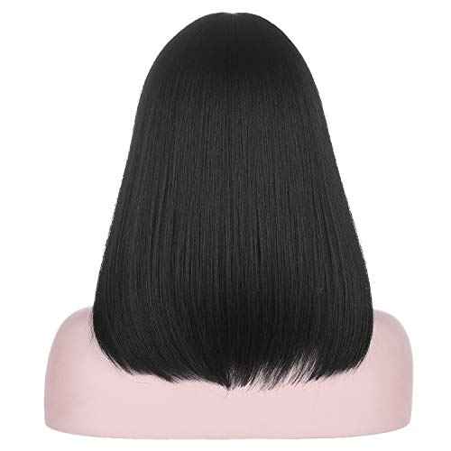 15 Inch Short Straight Black Bob Wig with Bangs | Natural Heat Resistant Synthetic Hair for Women