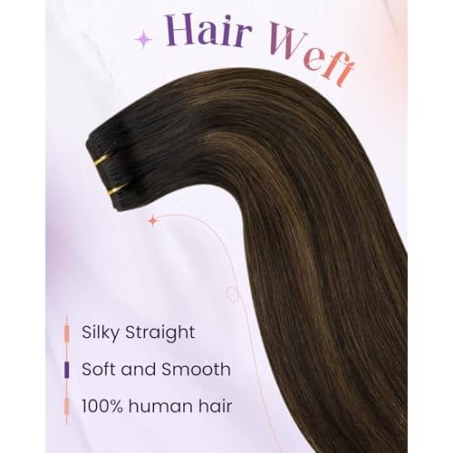 LaaVoo Weft Hair Extensions Human Hair Straight Hair Weft Extensions Dark Brown Ombre Light Brown Balayage Sew in Hair Extensions Real Human Hair Seamless 18 Inch 100g