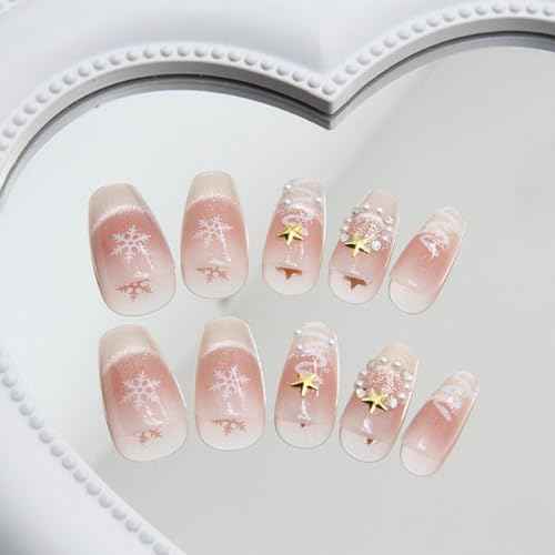 Christmas Press on Nails Medium Coffin Square Fake Nails with Gold Metal Star Pearl Rhinestones Designs Xmas Tree Snowflake False Nails White Glitter French Tips Acrylic Stick on Nails for Women 24Pcs
