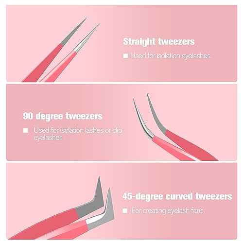 VEYES INC Lash Tweezers for Eyelash Extensions,High Precision Tweezers Kit Contains Isolation,Curved and Volume Lash Tweezers (3pcs) Pink