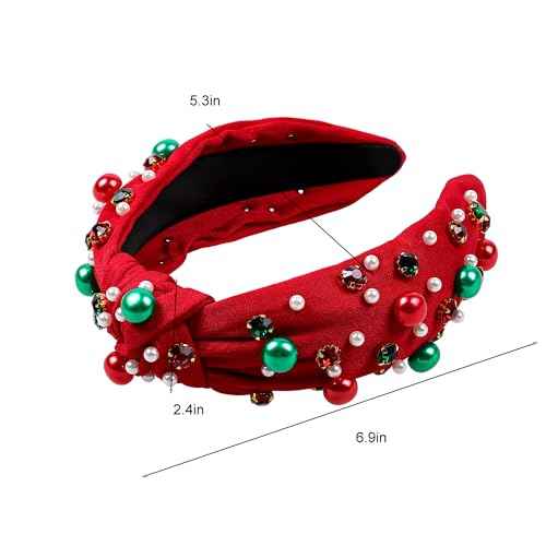 Ivyu Christmas Headbands for Women Adults Girls Red Headband with Jeweled Pearl Sparkly Headbands