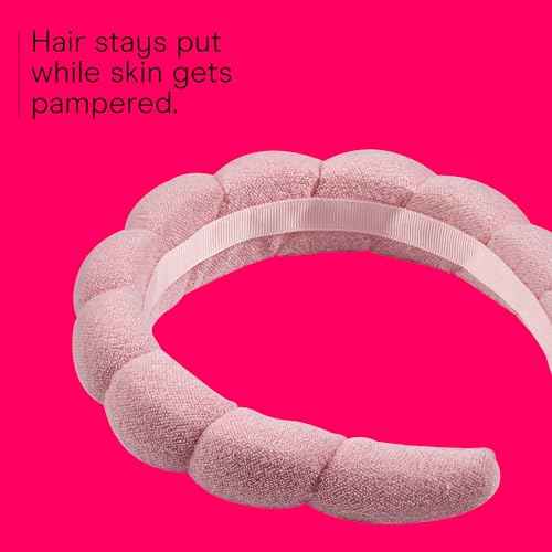 Conair Spa Makeup and Face Washing Headband, Pink Bubble Design, 1 Count, Ultra-Absorbent Microfiber Headband for Washing Face, Soft Terry Cloth, No-Squeeze, No-Pull Band Gentle on Hair and Head