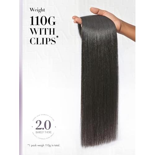 LUVME Invisible Clip in Hair Extensions, Yaki Straight Real Human Hair Remy Hair Clip ins for Women, Natural Human Hair, 14 inch 110g 6Pcs, Natural Black