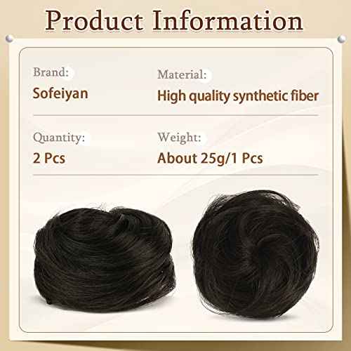 SOFEIYAN 2PCS Mini Claw Clip in Hair Bun Extension Synthetic Wig Accessory Updo Space Bun Hair Messy Cat Ears Hair Bun Pieces for Women, Darkest Brown Tend to Black
