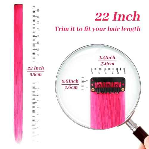 YaFex 12 Pcs Clip in Hair Extensions, 22 Inch Colored Hair Extensions Party Highlights Long Straight Synthetic Hairpieces for Women Kids Girls (Hot Pink)