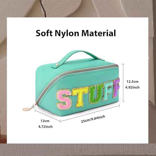 3Pcs Stoney Clover Preppy Makeup Bag, Stuff Bag Travel Makeup Cosmetic Bag, Chenille Letter Patch Open Flat Nylon Pouch, Mixed