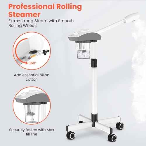 TASALON Professional Facial Steamer Machine on Wheels, Standing Esthetician Steamer with Hot Ozone Mist, Facial Be Used for Skin Rejuvenation, Steamer for Facial Used for Spa or Personal Care, White