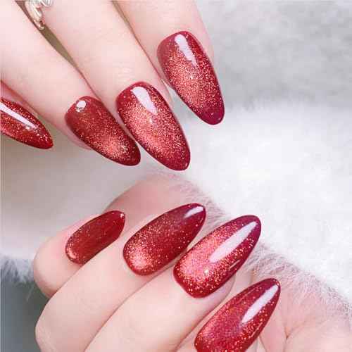 Christmas Press On Nails Medium Almond Fake Nails With Glue, Red Nail Press Ons With Glass Beads Cat's Eye Design£¬Artificial False Nails Stick On Nails for Women-30Pcs
