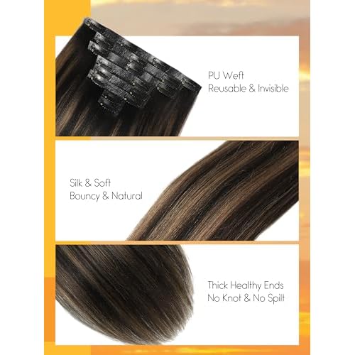 Caliee Seamless Yaki Straight Clip in Hair Extensions Human Hair 22 Inch Natural Black Mixed Chestnut Brown Seamless Yaki Straight Clip ins for Women Invisible PU Weft 115G 8 PCS Soft