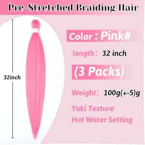 Pre stretched Braiding Hair 32 Inch Pink Braiding Hair Extensions Yaki Braids Hair Hot Water Setting Synthetic Hair Colored Braiding Hair Crochet Hair(3 Packs,Pink#)