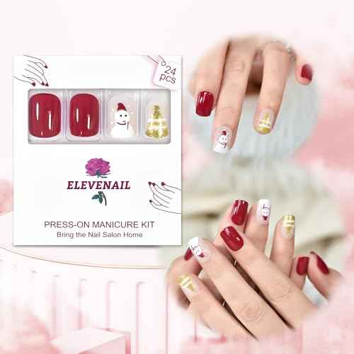 Christmas Snowman Press On Nails with Pre-design Golden Glitter Tree Short Squoval False Nail Art Tips Salon DIY Reusable Acrylic Manicure Gifts Stick On Fake Nails for Women Girls
