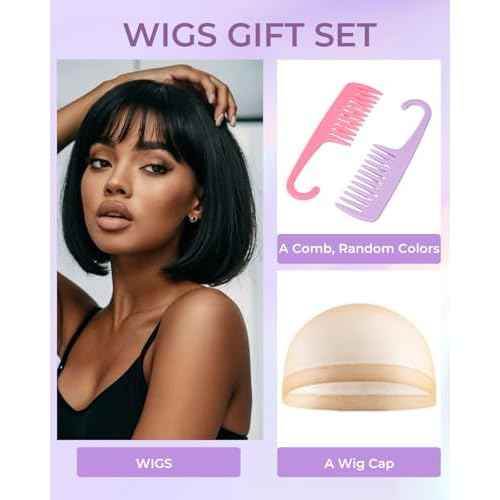 Bob Wig with Bangs Human Hair 100% Human Hair Wigs with Bangs Glueless 2¡¿1 Lace Closure Short Bob Wig Human Hair Straight Wigs for Black Women Closure 180% Density Beginner Friendly£¨14Inch,Black£©