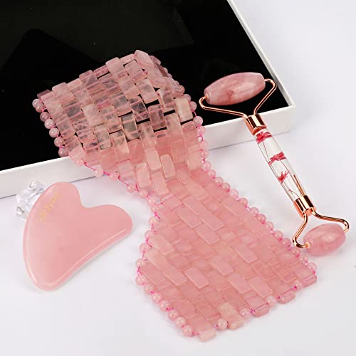 ideayard Rose Quartz Eye Mask & Face Roller and Gua Sha 3-in-1, Real Natural AAA Rose Quartz for Skin Care SPA Facial