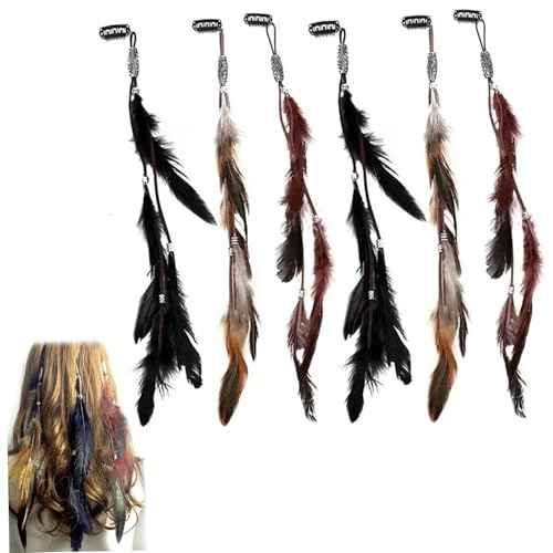 6PCS Hair Feathers Clip In, 14 Inch Hair Feathers Extensions with Braided Beads for Women Cosplay Costume Summer Extensions