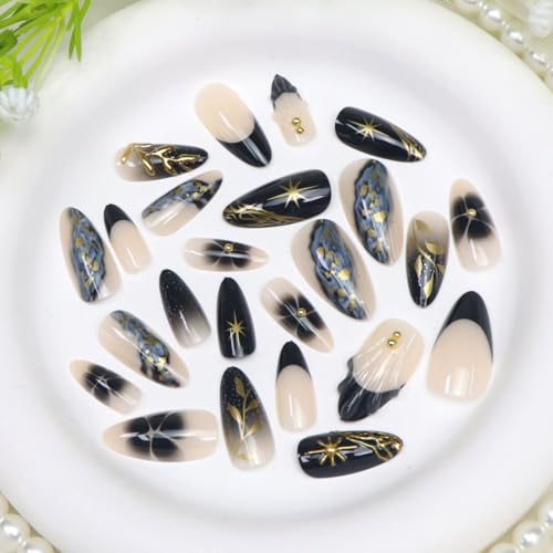 Medium Press on Nails Almond Golden Leaves Beads Stars Flowers Dark Blue French Tip Fake Nails Press ons Acrylic Glossy Glue on Nail Full Cover Stick on Nail for Women 24 Pcs