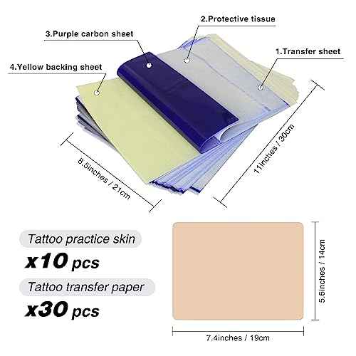 Urknall 40PCS 1.3mm Tattoo Skin Practice with Stencil Paper Fake Skins and Transfer Paper Kit Including 10PCS Fake Skins and 30PCS Stencil Papers for Tattoo Supplies