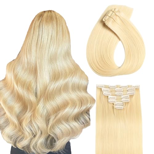 Clip in Hair Extensions - 24 Inch #613 Real Human Hair, 100g 7pcs Seamless Remy Extensions, Invisible Lace Skin Weft for Women