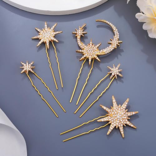 Gold Star Moon Hair Pins Rhinestones Bridal Hair Clips Wedding Hair Accessories for Women(Pack of 5)