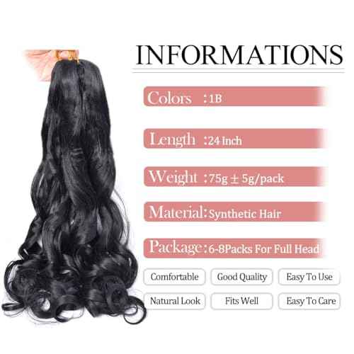 French Curly Braiding Hair 24Inch Loose Wavy 8 Packs #1B Black Bouncy Braiding Hair Extensions 75g/Pack Synthetic French Curl Crochet Hair Extensions£¨8packs,24Inch)
