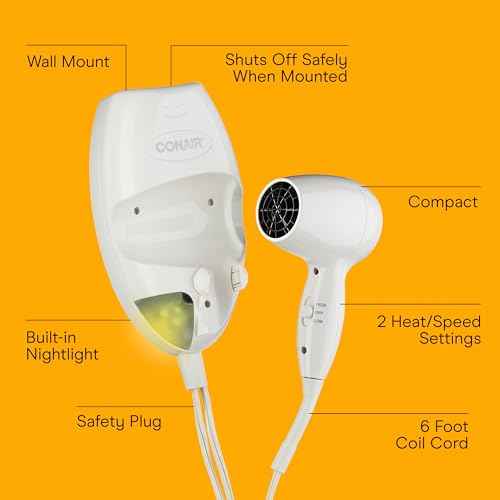 Conair Wall-Mount Hair Dryer, 1600W Blow Dryer with LED Nightlight, 2 Heat 2 Speed Settings, White