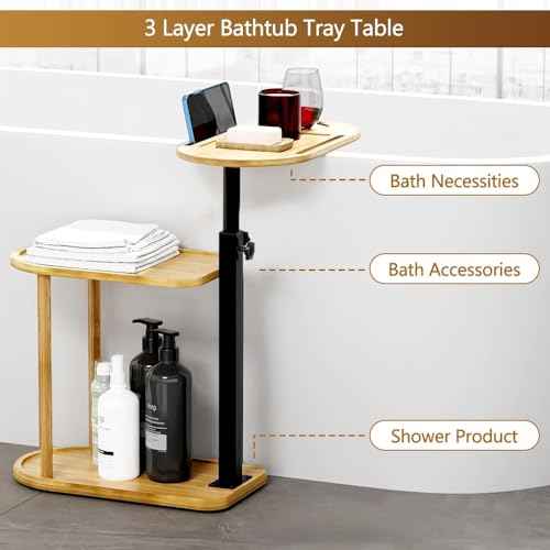 3 Layer Bathtub Tray Table,Bamboo Swivel Bathtub Side Table Height Adjustable,Freestanding Bathtub Tray for Tub Against Wall,Bathtub Accessories&Bathroom Organizer for Luxury Home Spa (Natural)
