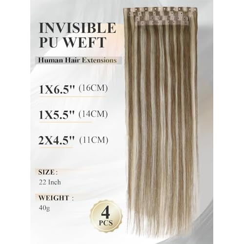 Micro Bead Weft Hair Extensions PU Invisible Weft Human Hair Extensions Seamless Real Human Hair Highlight Blonde 9A/P60 Dual-Use No Tape in Weft in Hair Extension for Women(40g 4Pcs,22 Inch)