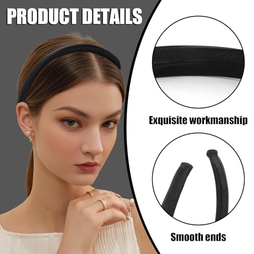 Headbands for Women, Black Womens Thick Silk Satin Super Soft & Comfortable Sponge Padded Headbands Hair Bands Hoops Accessories for Women Girls