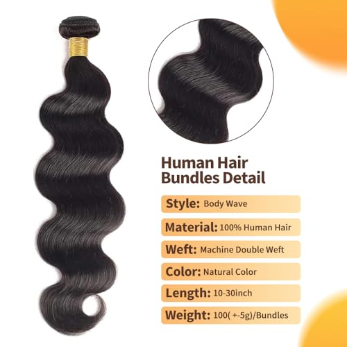 12A Body Wave Bundles 100% Unprocessed Brazilian Virgin Hair 18-22Inch 3 Bundles Double Weft Weave Real Human Hair Natural Black