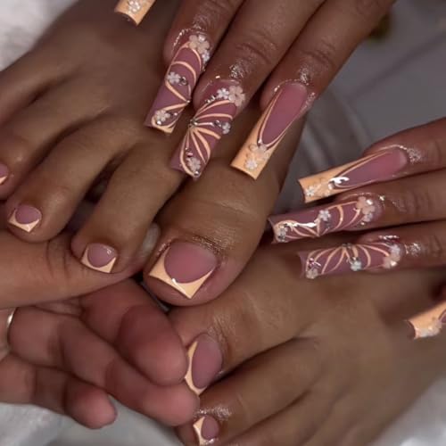 48pcs Long Coffin Press on Nails and Toes Matching Set French Tip Fake Fingers Toe Nail Tips Press ons Rhinestones Butterfly Flower Glue on Toe Nails Square Summer False Toe Nails for Women