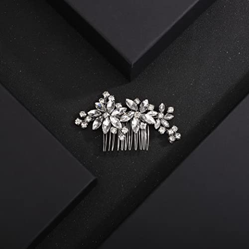 Hair Comb, Clear Flower Crystal Rhinestone Teardrop Hair Clip, Silver, 10*5CM, for Bride Bridesmaid Prom Hair Pieces, Women and Girls