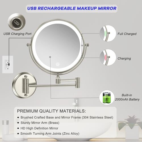 Rechargeable Wall Mounted Makeup Mirror with Lights, 8 Inch Double-Sided 10X Magnifying Vanity Mirror, 3 Color Lights & Stepless Dimming 360¡ÆRotation Extendable Lighted Magnification Bathroom Mirror