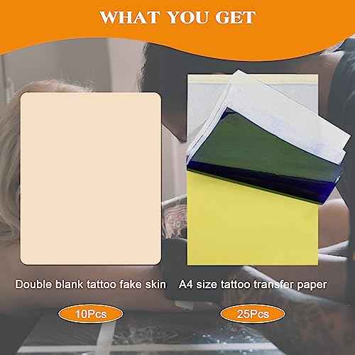 Tattoo Practice Skin With Transfer Paper - 35Pcs Kit Including 10Pcs Double Side Skin and 25Pcs Stencil Paper for Supplies