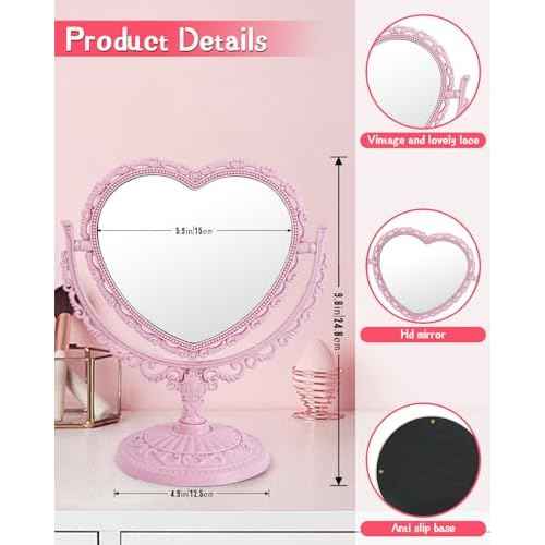 Pink Heart Mirror for Desk Cute Coquette Room Decor Small with Stand,Vanity & Bathroom Double-Sided Rotating Makeup Table Mirror