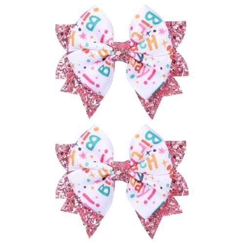 3.5" Birthday Bow Hair Clips for Girls 1 2 3 4 5 6 Years Glitter Pink Ribbon Bowknot Barrettes Alligator Pins for Teens ToddlerKids Happy Birthday Party Dress Decor Accessories Gift