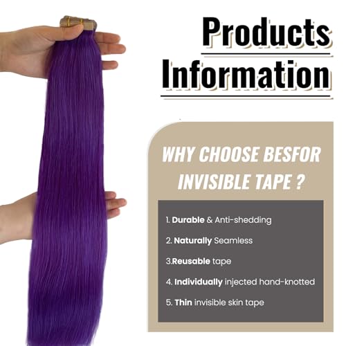 Tape in Hair Extensions Human Hair Double Sided Purple Colored Tape in Hair Extensions Real Human Hair Invisible Long Straight Skin Weft Tape ins Human Hair for Women 70g 20pcs 24"