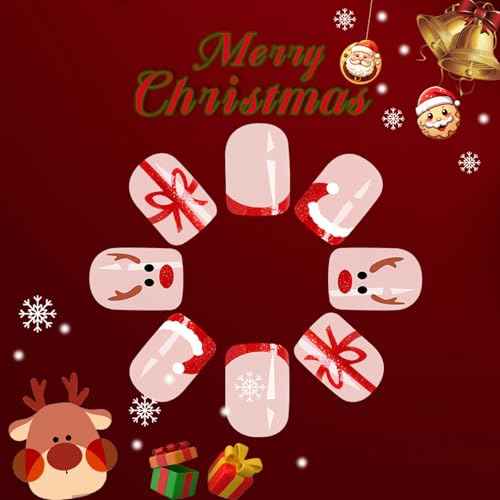 Christmas Square Press on Nails Short Fake Nails Red French Tip False Nails with Gifts Elk Design Glossy Christmas Glue on Nails Cute Santa Hat Nail Tips Acrylic Nails Winter Stick on Nails for Women