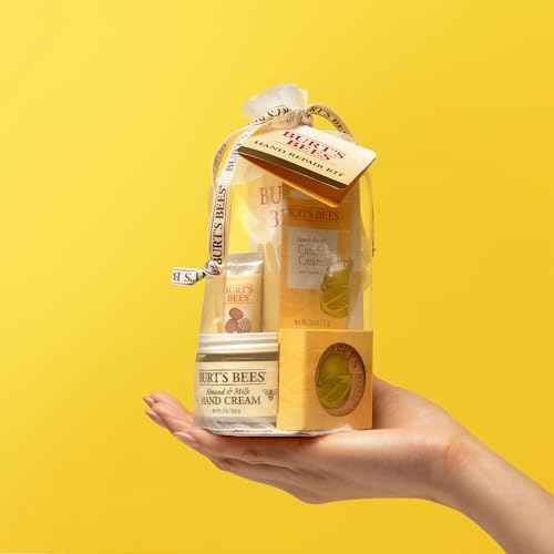 Burt's Bees Christmas Gifts, 3 Body Skincare Stocking Stuffers, Hand Repair Set, 3 Hand Creams plus Gloves - Almond Milk Hand Cream, Lemon Butter Cuticle Cream, Shea Butter Hand Repair Cream