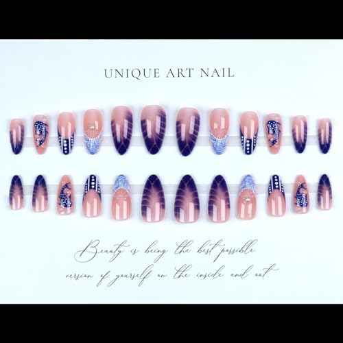 3D Blue Ocean Press on Nails Medium Almond Fake Nails with Shell Pearl Fish Designs French False Nail Tips Glossy Glue on Nails Full Cover Stick on Nails for Women Manicure Decorations 24Pcs