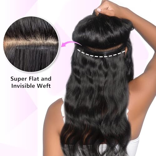 16 inch Seamless Body Wave Clip in Extensions Real Human Hair Extensions Clip Ins 110g 7pcs Thick Invisible Clip in Hair Extensions #1B Natural Black