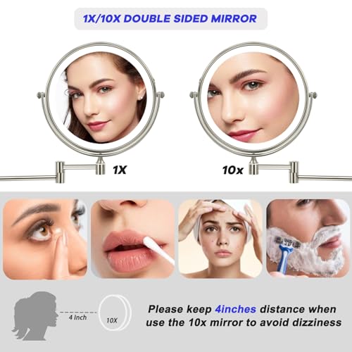 Rechargeable Wall Mounted Makeup Mirror with Lights, 8 Inch Double-Sided 10X Magnifying Vanity Mirror, 3 Color Lights & Stepless Dimming 360¡ÆRotation Extendable Lighted Magnification Bathroom Mirror