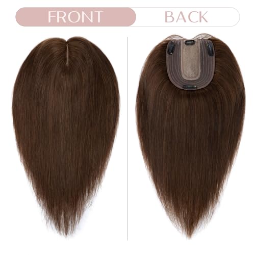 Hair Toppers for Women Real Human Hair with No Bangs Upgrade Lace Base 3.9 * 4.7 Inch Clip In Topper Hairpieces for Women #04 Chocolate Brown 8 Inch