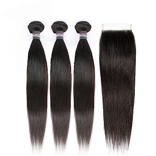 Human Hair 3 Bundles with Closure Straight 100% Unprocessed Virgin Brazilian Hair Bundles with 4x4 Lace Closure Free Part, Double Weft 10A Hair Weave Extensions (16" 16" 16" + 12" Closure)