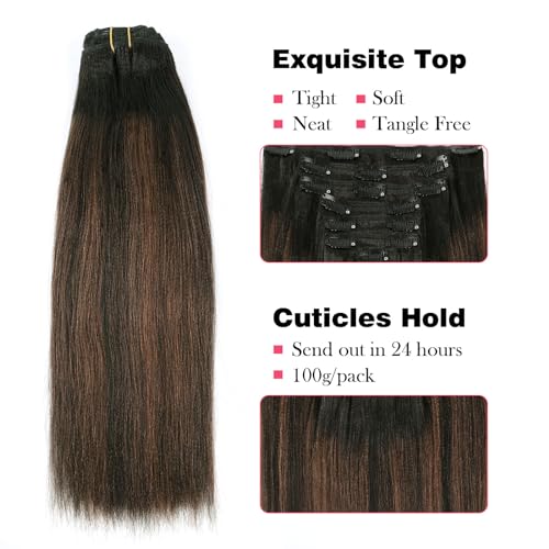 Sassina Yaki Straight Clip in Human Hair Extensions Double Weft Clip on Hair Extensions Natural Black to Chocolate Brown Double Remy Hair Extensions Clip in Human Hair 120 Grams 16 Inch 7 Pcs