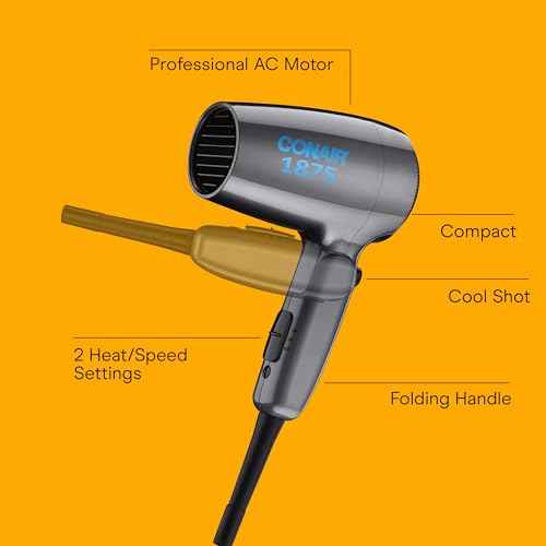 Conair Travel Hair Dryer with Dual Voltage, 1875W Compact Blow Dryer with Folding Handle, Gray